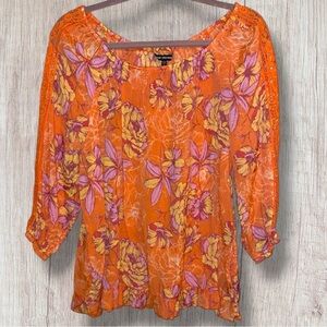🌼Unique Spectrum Orange Floral Crochet Arms Scoop-Neck Ruffle Hem Blouse